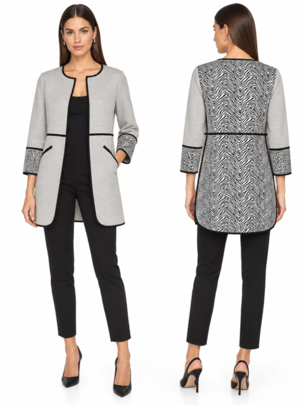 Aden Black White Zebra Print Long Open Front Coat Jacket Statement